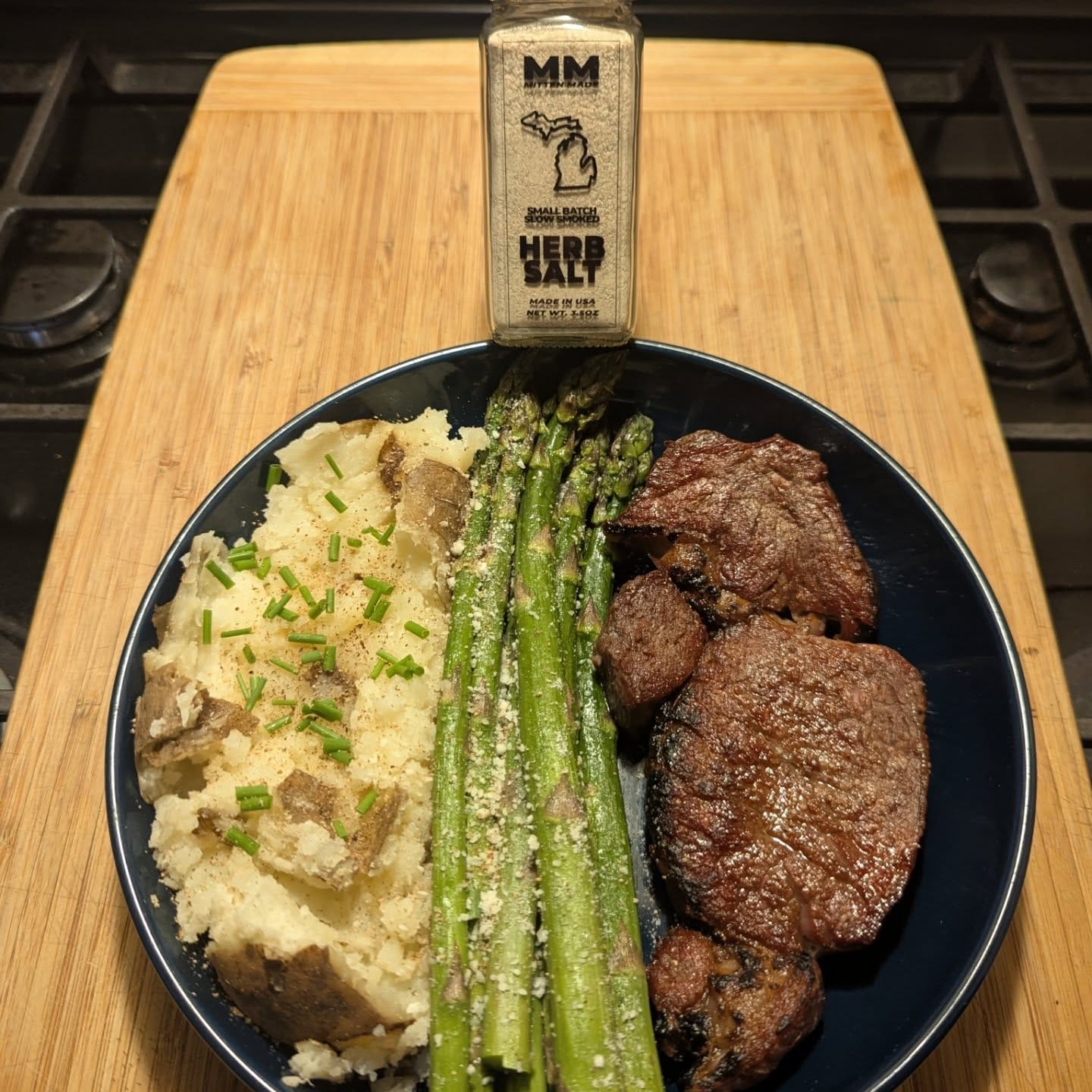 21 Day Dry Aged Steaks - Parmesan Asparagus - Baked Potato w fresh Chives - finished with Smoked Herb Salt