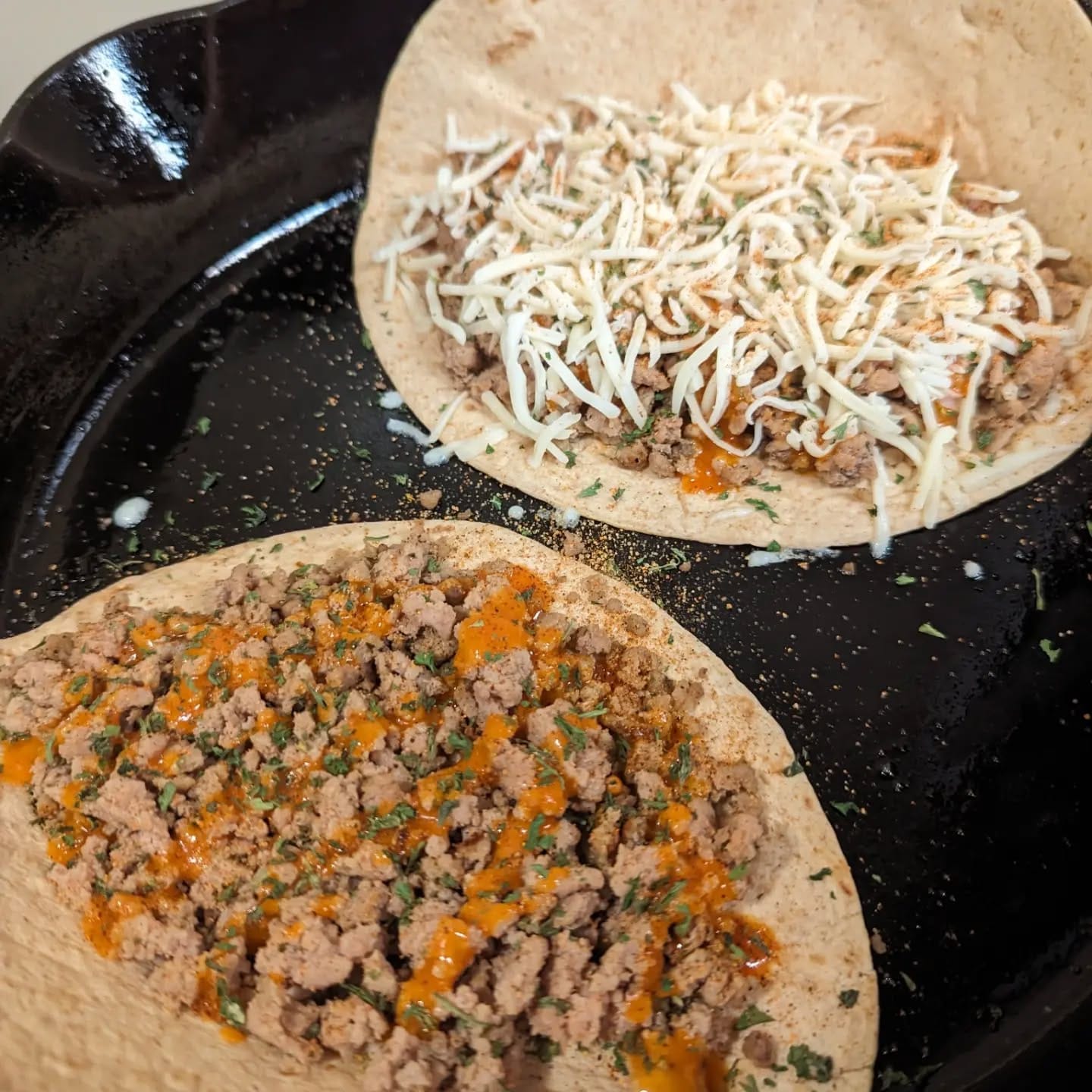Ground Turkey Quesadilla , Monterrey Jack but a perfect use for the new Smoked Birria 🔥