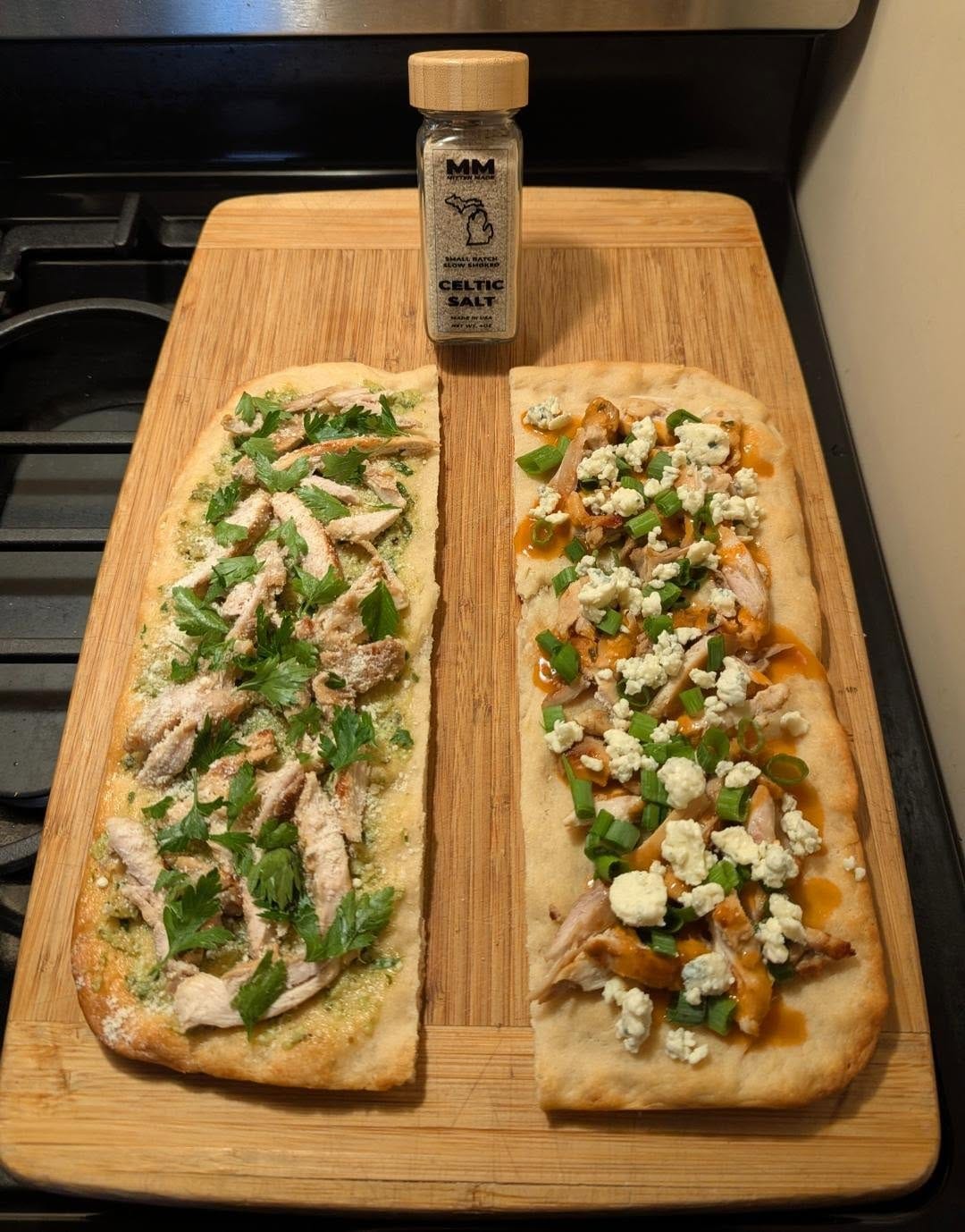 Parmesan Pesto Chicken & Buffalo Blue Cheese Chicken Flatbreads