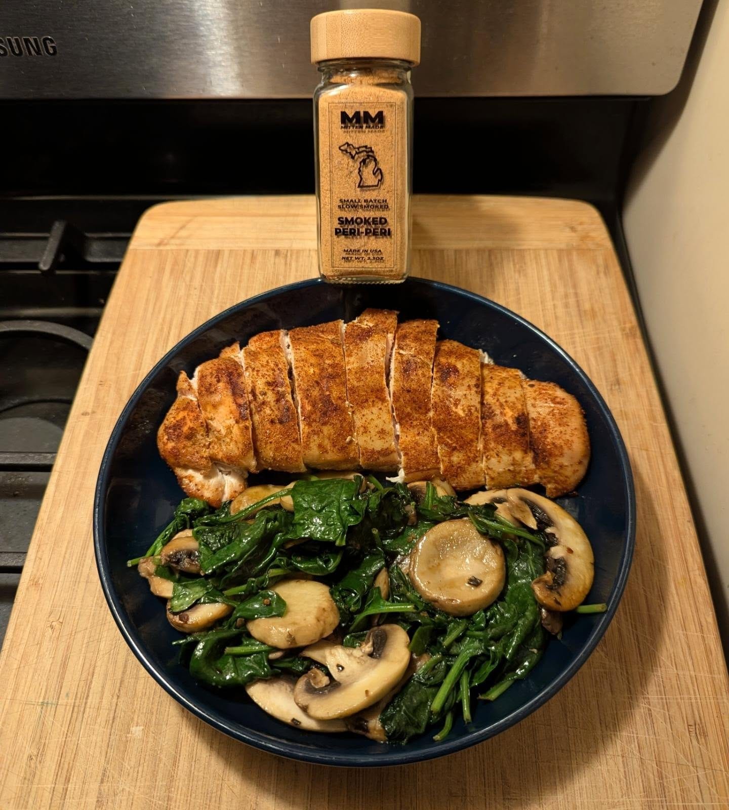 Smoked Chicken Breast + Sauteed Spinach and Mushrooms