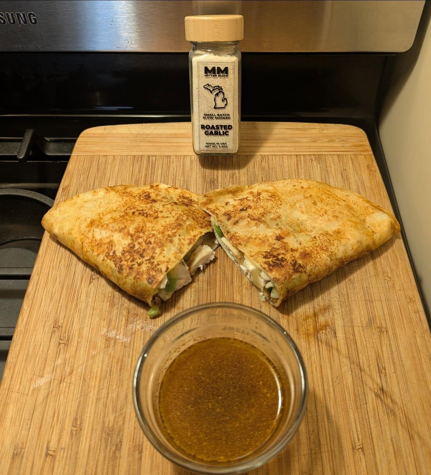 Smoked Chicken Quesadilla with Spicy Consomé